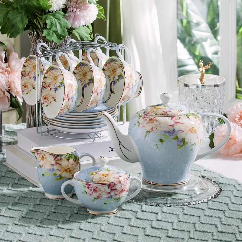 Coffee Tea Creamer - Rosa azul flor osso china conjunto